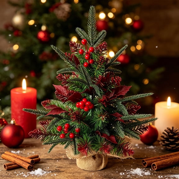 17.72in Mini Artificial Christmas Tree with Wood Base Tabletop Pine with Red Berries for Home Office Holiday Decor Small Desktop Xmas Tree