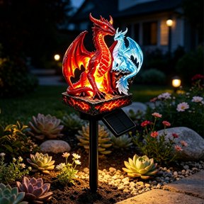 17.72in Solar Dragon Outdoor Garden Stake Light, Waterproof Resin Fire Ice Statue Lamp, Gothic Fantasy Yard Decor for Patio Pathway, Unique Gift for Fantasy Lovers