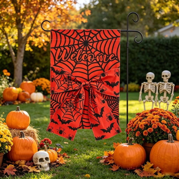 17.72x11.81 in Halloween Doodle Sketch Garden Flag, Double Sided Polyester Yard Flag, Black White Hand Drawn Pumpkin Ghost Coffin Witch Decorative Flag for Front Lawn Porch Farmhouse