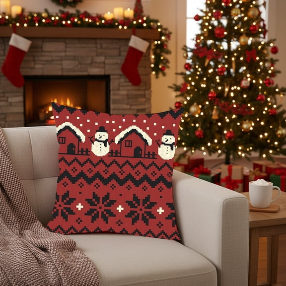 17.72x17.72 Inch Multicolor Christmas Themed Pixel Art Pillowcase Cover, Polyester Sofa Cushion Cover with Snowman House Snowflake Patterns