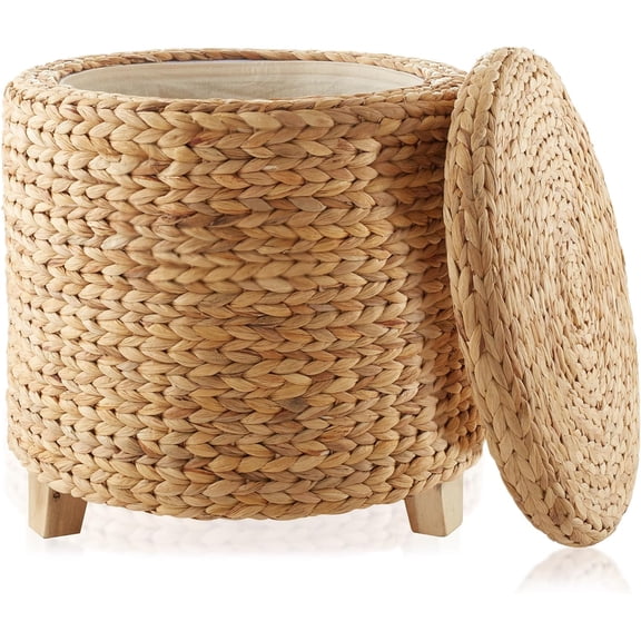 17.75" Dia17.5"H Round Water Hyacinth Storage Ottoman Removable Lid Fabric Liner Acacia Wood Legs Multi-Room Footrest Storage Stool