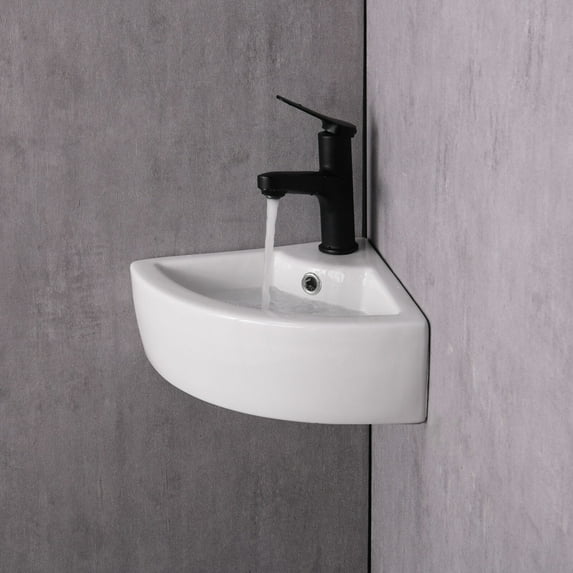 17.75" Wall Mounted Bathroom Porcelain Sink and Pop-Up Drainer White Triangular Style