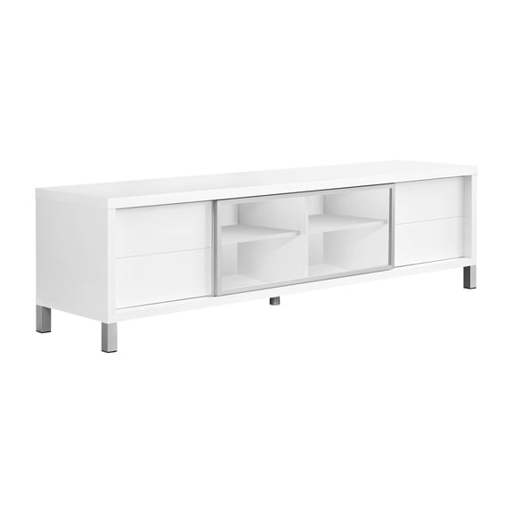 17.75" x 71" x 19.75" White Clear Silver Particle Board Glass Hollow Core Tv Stand