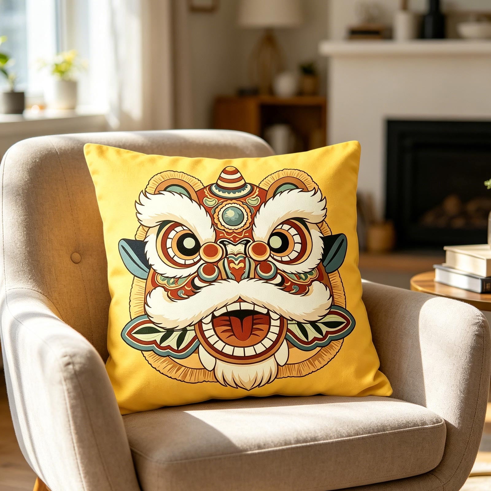 17.7in Traditional Chinese Lion Dance Printed Square Pillow Cover ...