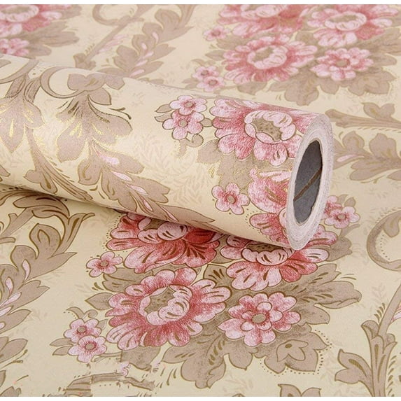 17.7inch By 118inch Peel Stick Vintage Pink Floral Wallpaper Shelf Drawer Liner Dresser Furniture Sticker Home Decorative Sticky Back Vinyl Film