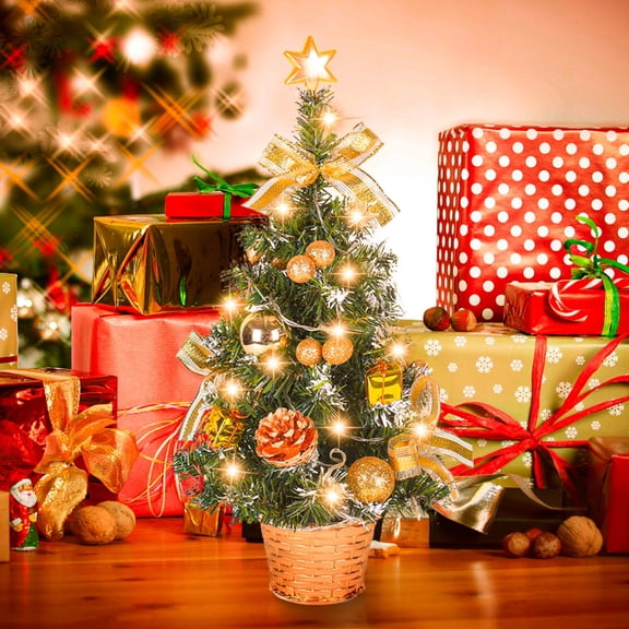 17.7inch Pre-lit Mini Christmas Tree,Small Tabletop Christmas Tree With Light ,Xmas Christmas Pine Tree Ornament for Indoor Outdoor Home Holiday Decoration