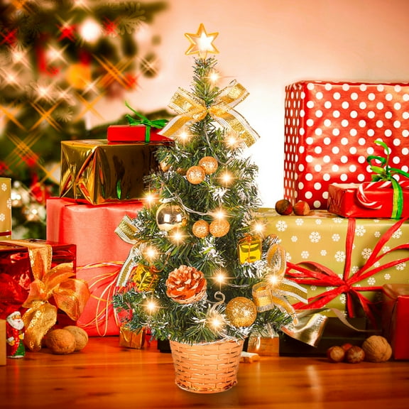 17.7inch Pre-lit Mini Christmas Tree,Small Tabletop Christmas Tree With Light ,Xmas Christmas Pine Tree Ornament for Indoor Outdoor Home Holiday Decoration