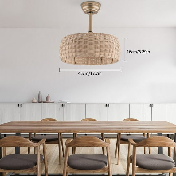17.7inch Rattan Ceiling Fan with Light, 18in Bamboo Fandelier 6-Speed Rattan Caged Ceiling Fan with Lights Remote Control, Wicker Ceiling Fan Boho Woven Caged Ceiling Fan Light