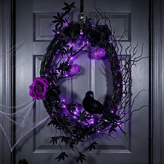 17.7x13.8 In Lighted Halloween Wreath with Purple Roses and Black Crow, Gothic Oval Twig Wreath with LED Lights for Front Door