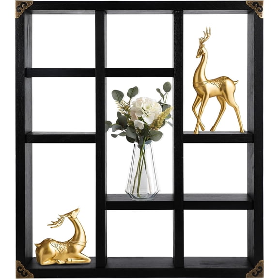 17.7x15.7-Inch Shadow Box Shelf 9-Slot Rustic Floating Shelves Larger Wall Mounted Lightweight Solid Wood Display Freestanding Farmhouse Shelf (9C-Classic Black)