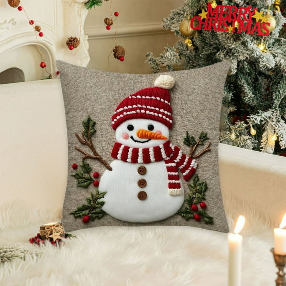 17.7x17.7in Linen Christmas Pillow Cover, Festive Santa/Reindeer Print Sofa Bed Decor, Soft Huggable Pillowcase for Christmas Farmhouse Home Decoration, Multi-Color Holiday Cushion Case