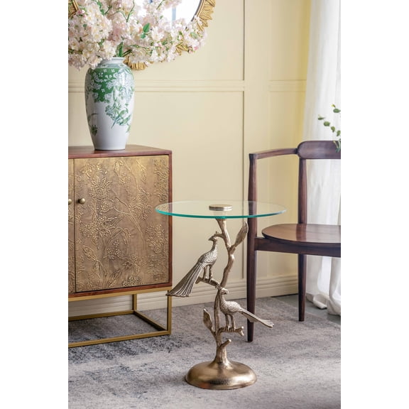 17.7x17.7x24" Gold Peacock Side Table With Round Glass Top - End Table