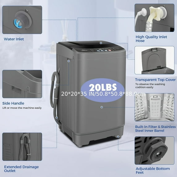 17.8/20Lbs Full-Automatic Portable Washer - 2.4 Cu.ft, 10 Programs, 8 Water Levels, LED Display, Low Noise, Ideal for Apartment/Home/Dorm
