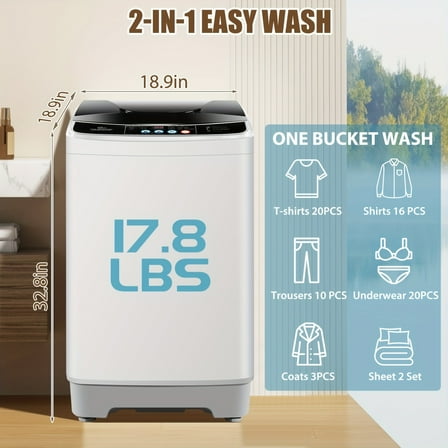 17.8/20Lbs Full-Automatic Portable Washer - 2.4 Cu.ft, 10 Programs, 8 Water Levels, LED Display, Low Noise, Ideal for Apartment/Home/Dorm