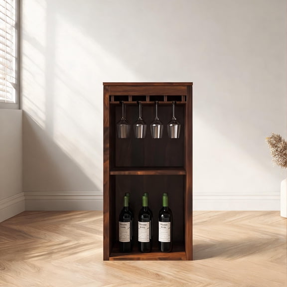 17.8-Inch Wide Classic Brown Modular Wine Bar Cabinet with Hutch, Compact Wine Storage and Display for Dining Room