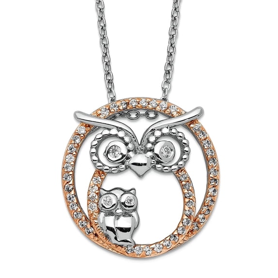 17.81mm 925 Sterling Silver and Rose Gold Plated Cubic Zirconia Owl Necklace 18.25 Inch Pendant Necklace for Women