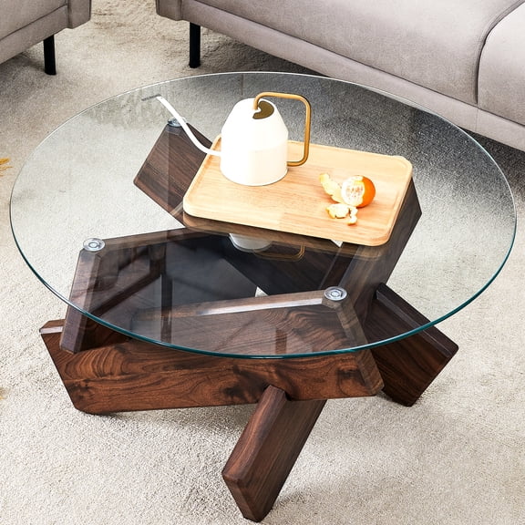 17.95 In. High Coffee Table With Transparent Tempered Glass And Walnut Colored Legs Modern