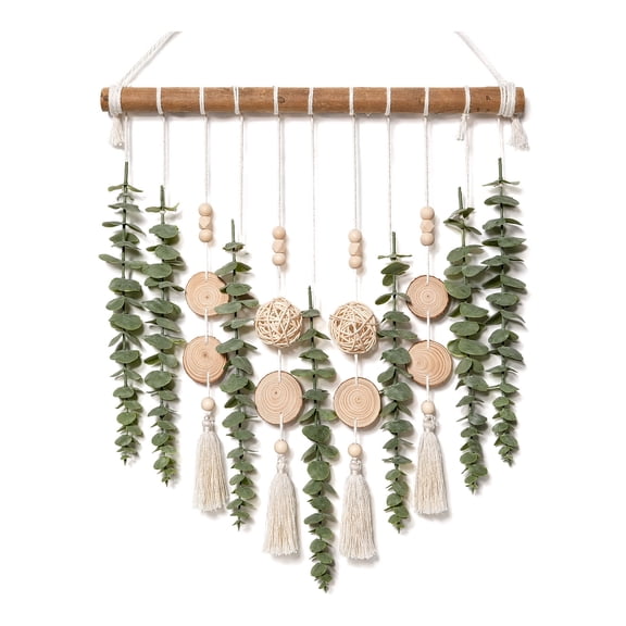 17" Artificial Hanging Eucalyptus Wall Decor Sage Green Fake Plants with Wood Stick Boho Botanical Art for Bedroom Bathroom Nursery Room