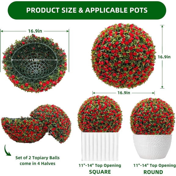 17" Artificial Topiary Flower Balls, 2 PCS Hanging Grass Ball for Home Wedding Decor, Red Rose