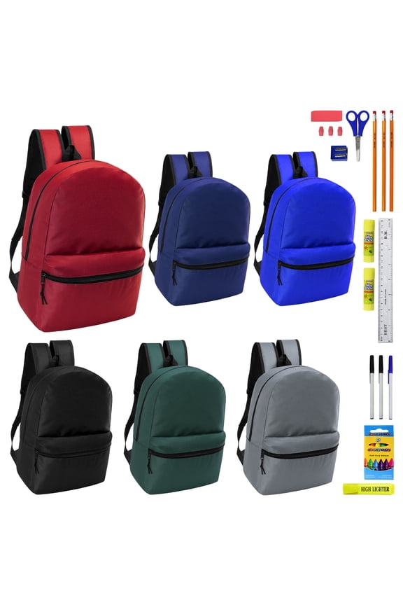 17" Basic Wholesale Backpack in 6 Colors & 22 Pieces School Supplies