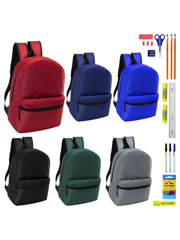 17" Basic Wholesale Backpack in 6 Colors & 22 Pieces School Supplies