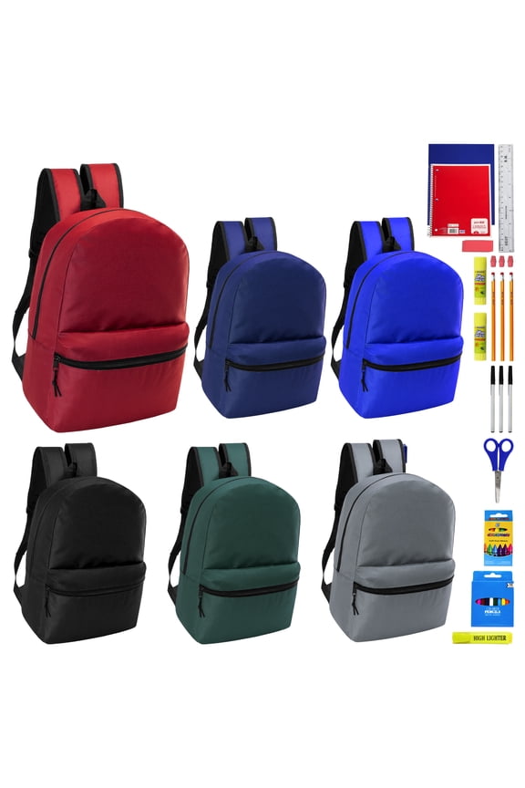 17" Basic Wholesale Backpack in 6 Colors & 34 Pieces School Supplies