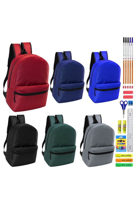 17" Basic Wholesale Backpack in 6 Colors & 36 Pieces School Supplies