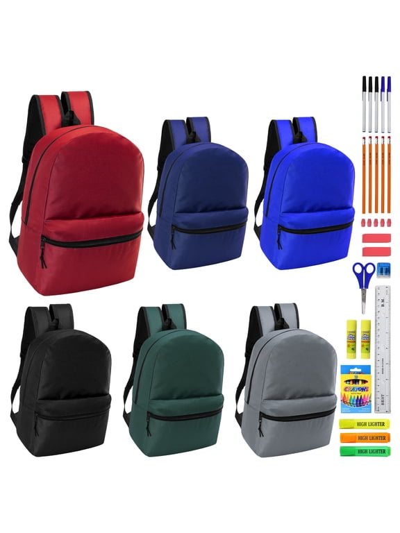 17" Basic Wholesale Backpack in 6 Colors & 36 Pieces School Supplies