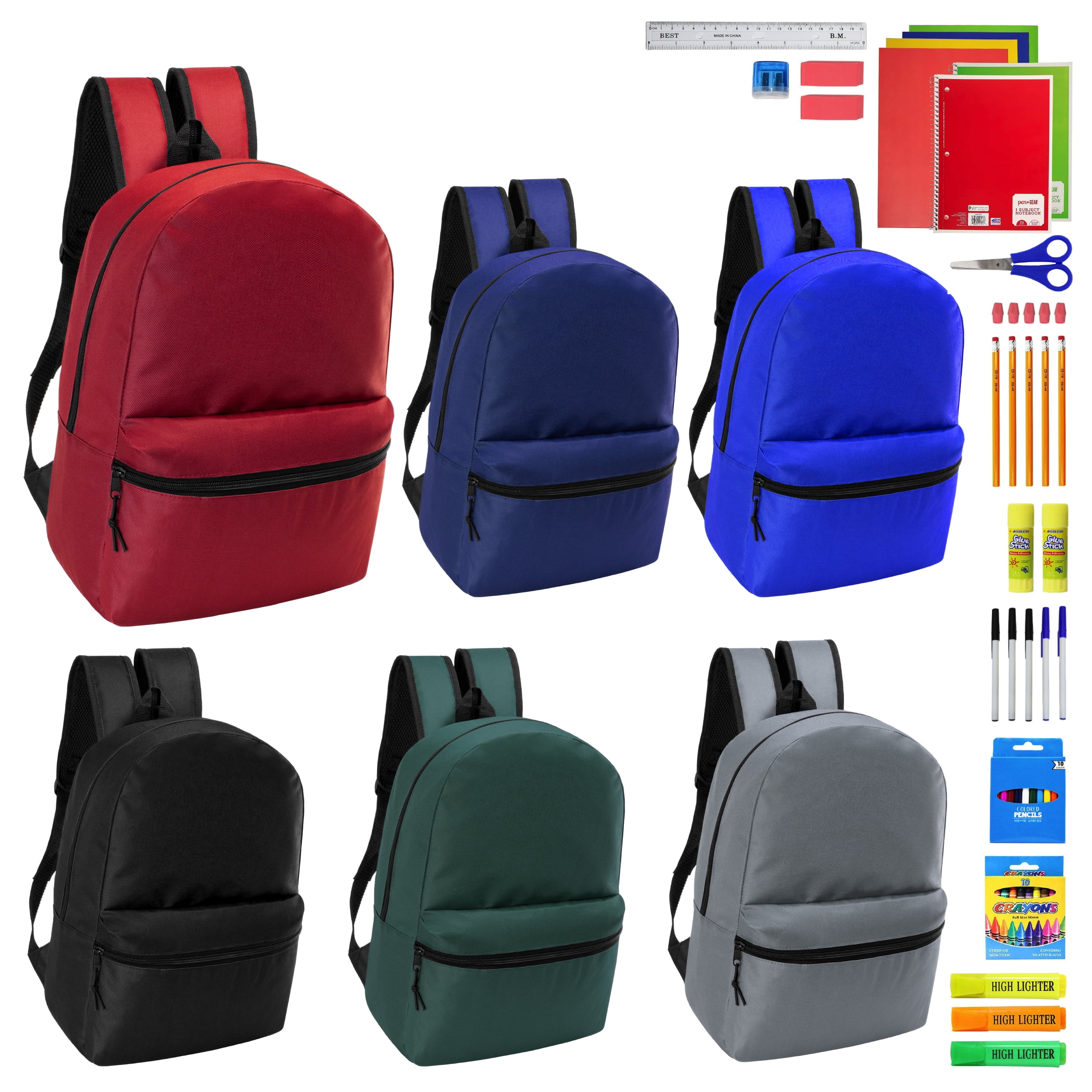 17" Basic Wholesale Backpack in 6 Colors & 52 Pieces School Supplies