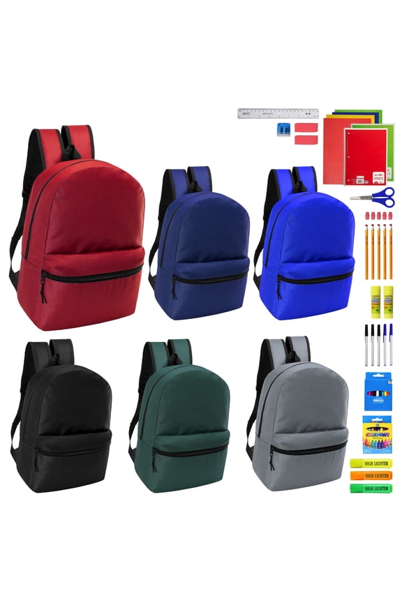 17" Basic Wholesale Backpack in 6 Colors & 52 Pieces School Supplies