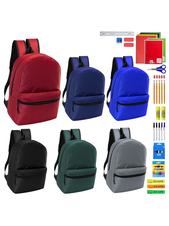 17" Basic Wholesale Backpack in 6 Colors & 52 Pieces School Supplies