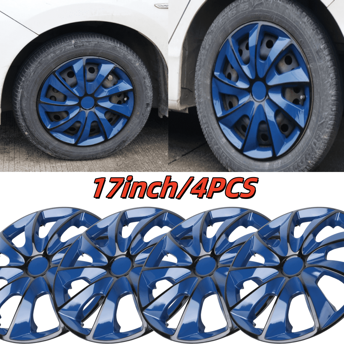 17" Black & Blue Hubcaps/Wheel Covers for Most Cars,Set of 4 Snap on Car Truck SUV Hub Cap,ABS Material