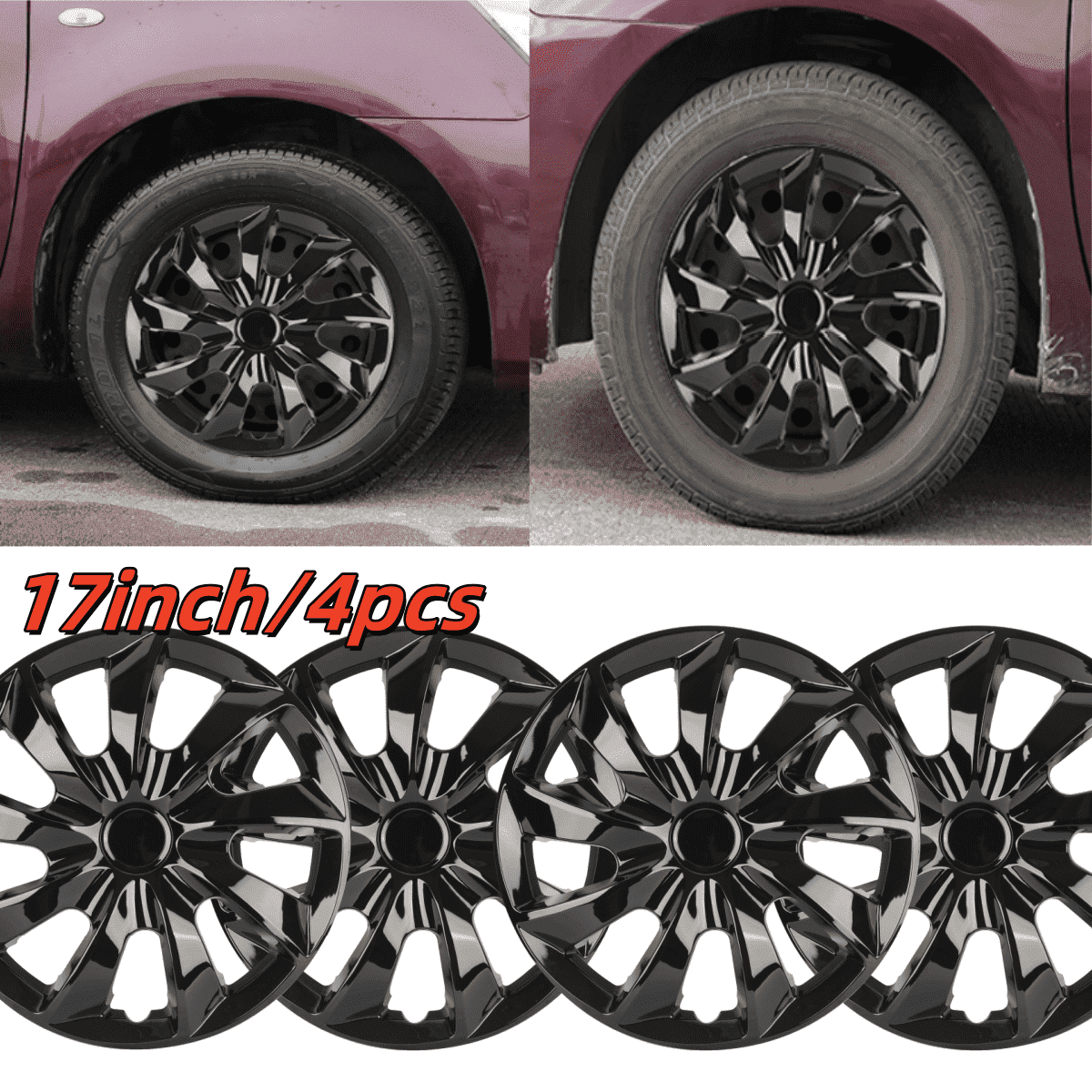 17" Black Hubcaps/Wheel Covers for Most Cars,Set of 4 Snap on Car Truck SUV Hub Cap,ABS&PC Material