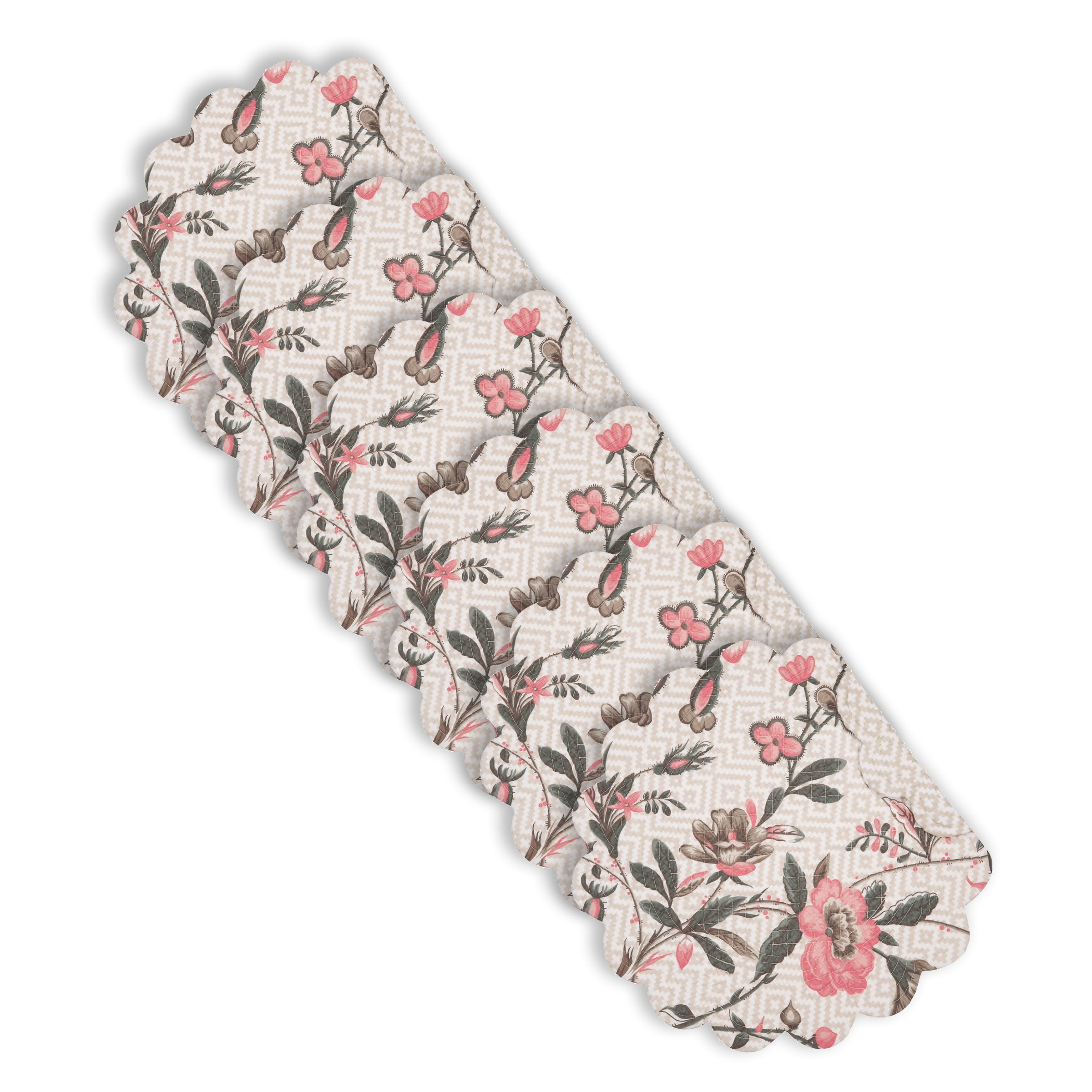 Blair Garden 17" Beige and Pink Cotton Quilted Round Placemats, Set of 6