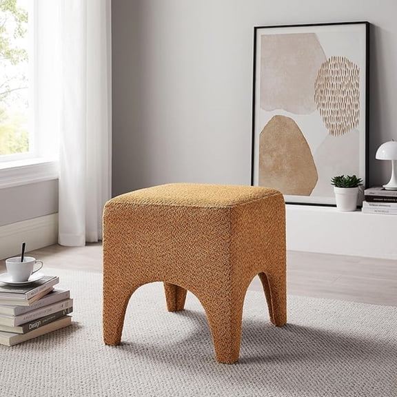17" Boucle Modern Square Foot Stool Ottoman, Vanity Stool for Makeup, Rectangle Foot Rest for Couch, Upholstered Ottoman Stool for Living Room, Bedroom, Entryway (1, Curry)