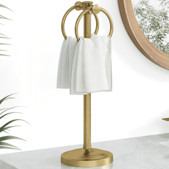 17" Brushed Gold Free Standing Towel Rack Bracket, Double Towel Ring Hand Towel Stand Holder, Bathroom Hardware Accessories Set Towel Bar for Bathroom Vanities and Kitchen Countertops