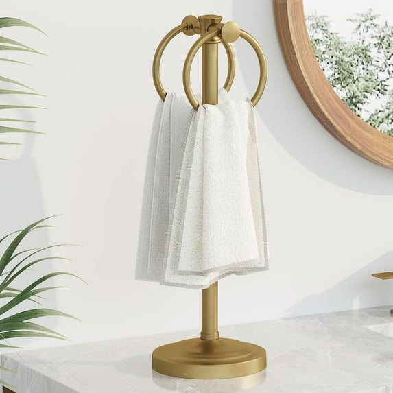 17" Brushed Gold Free Standing Towel Rack Bracket, Double Towel Ring Hand Towel Stand Holder, Bathroom Hardware Accessories Set Towel Bar for Bathroom Vanities and Kitchen Countertops