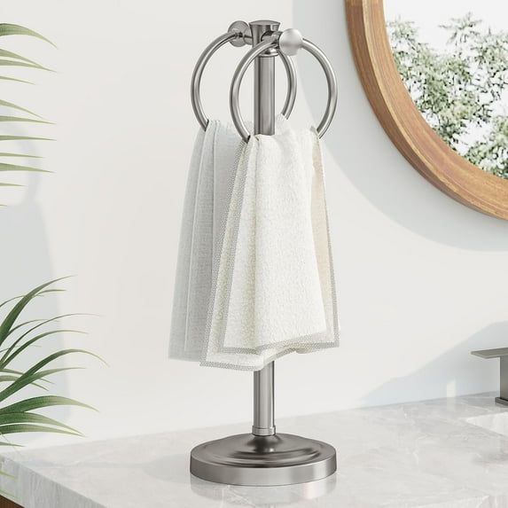 17" Brushed Nickel Standing Towel Rack Bracket, Double Towel Ring Hand Towel Free Stand Holder Bathroom Hardware Accessories Set, Towel Bar for Bathroom Vanities and Kitchen Countertops