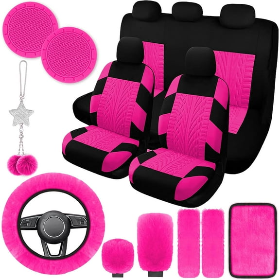 17 Car Seat Cover Full Set for Women,Universal Car Seat Cover,Plush Steering Wheel Cover,Fluffy Soft Wool Handbrake Gear, Suspension Accessories Full SUV(Patterned Rose