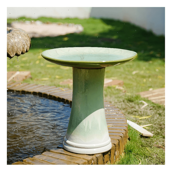 17'' Ceramic Bird Bath for Outside, Elegant Tall Outdoor Bird Bath, Lightweight Pedestal Glazed Birdbaths for Outdoors with floral Pattern, Ombre Green
