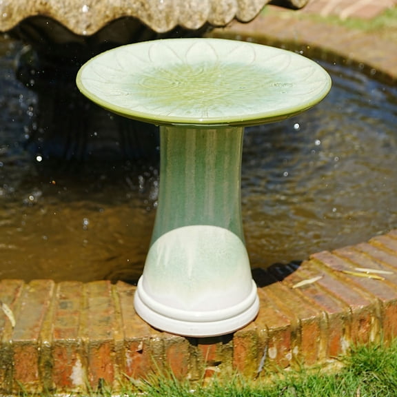 17" Ceramic Bird Bath for Outdoors, Elegant Pedestal Design with Swirl Pattern, Green Gradient Glaze, Lightweight & Handcrafted