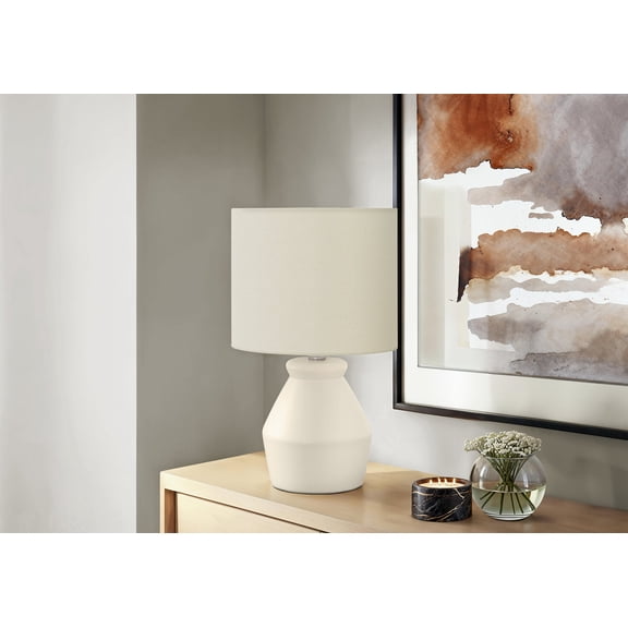 17" Ceramic Table Lamp - Cream Base with Ivory Drum Shade, Modern Bedside Lighting