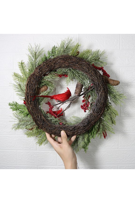17" Christmas Wreath for Front Door, Artificial Xmas Wreath Hanging, Evergreen Garland with Burlap Bow, Pinecone,Bird Red Berries, Glitter Ornaments for Home Party Decoration Holiday Winter Gift