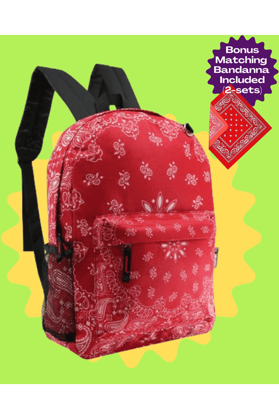17″ Classic Paisley Bandanna-Print Backpack with Matching Bandanna, 2 Compartments, Padded Straps, Mesh Drink Holder – Red