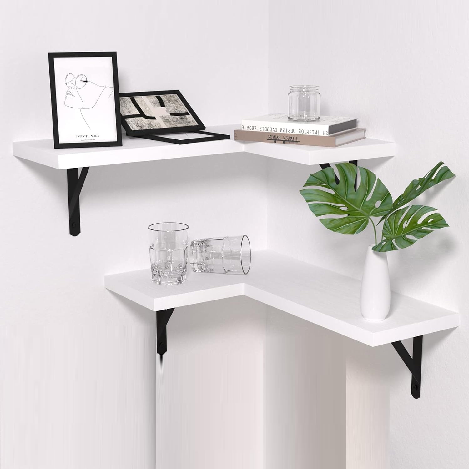 17" Corner Floating Shelves Wall-Mounted Set of 2 White Rustic Wood Shelf for Decor & Storage for Livingroom Kitchen Bedroom Bathroom Laundry Room