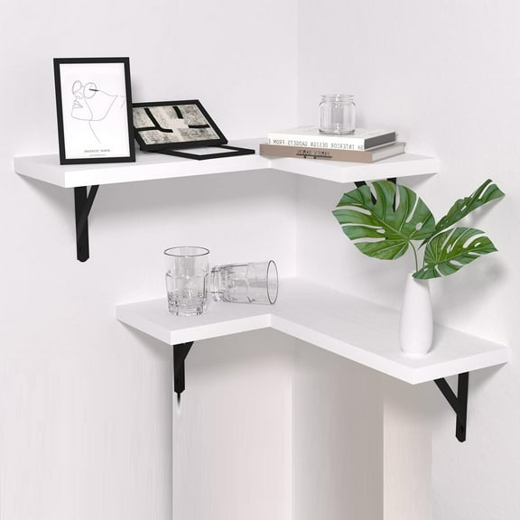17" Corner Floating Shelves Wall-Mounted Set of 2 White Rustic Wood Shelf for Decor & Storage for Livingroom Kitchen Bedroom Bathroom Laundry Room