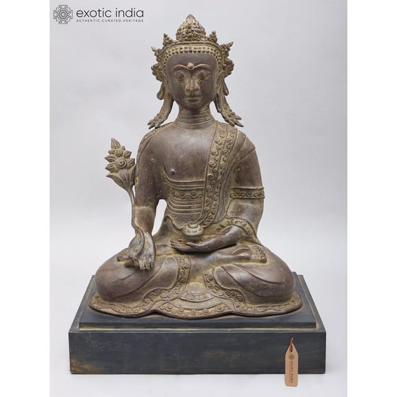 17" Crowned Medicine Buddha | Brass Statue on Wood Base