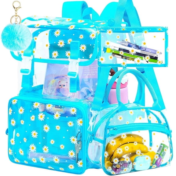 17" Daisy Clear Backpack for Girls - 3Pcs Flip Design Stadium Approved Set, Waterproof Campus/School Transparent Bookbag (Blue)