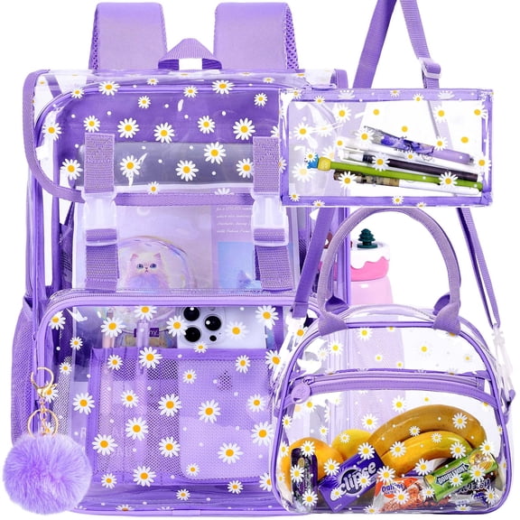 17" Daisy Clear Backpack for Girls - Flip Design Stadium Approved 3Pcs Set, Transparent Bookbag for Concert/School (Purple)
