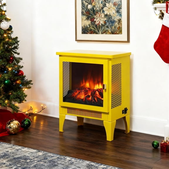 17" Electric Fireplace, Freestanding Fireplace Heater with Realistic Flame & Log, Overheat Protection, 700W/1400W, Yellow